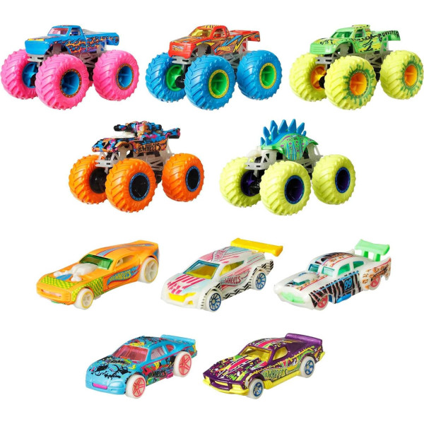 Набір із 10 машинок Хот Вілс Монстр Тракс що світяться у темряві Hot Wheels Monster Trucks Glow in the Dark Multipack (HCB57)
